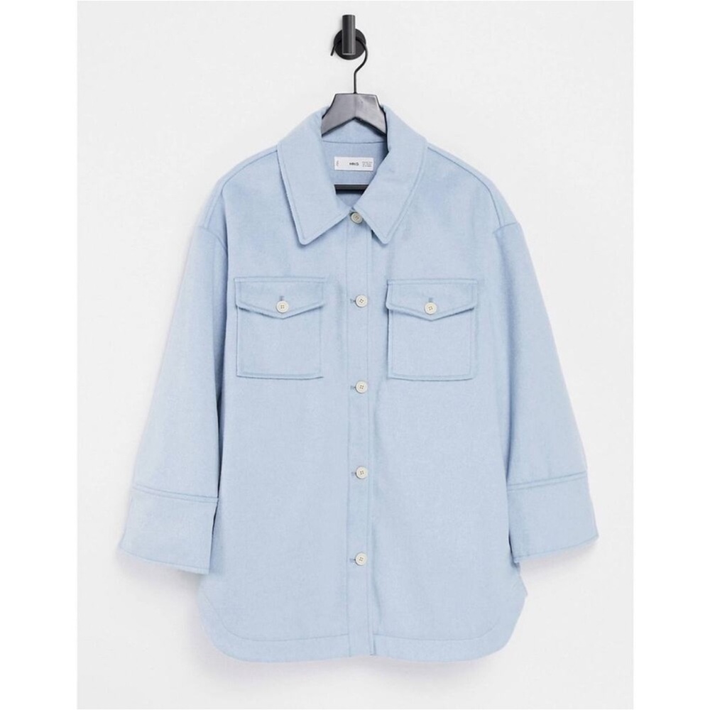 Mango Oversized Light Blue Button-Up Shirt Jacket